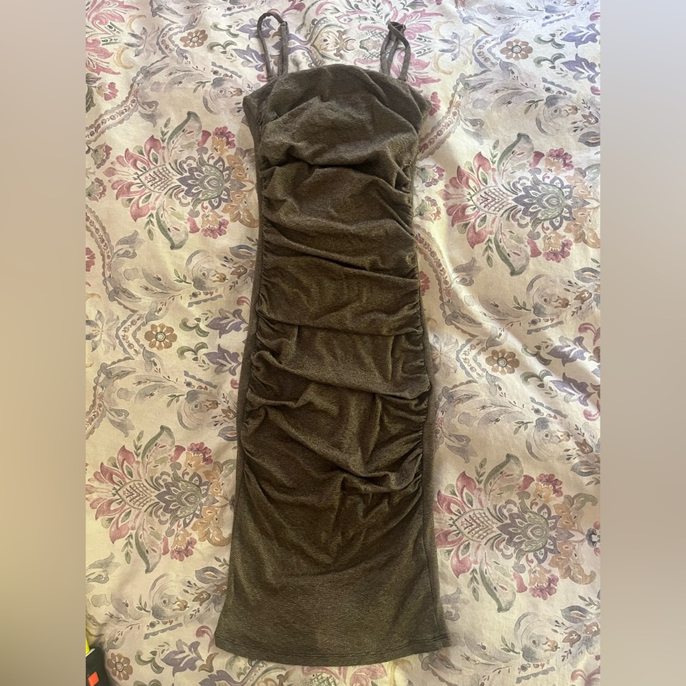 Ruched Strappy Bodycon Dress in Olive Green bronze small Michael Stars